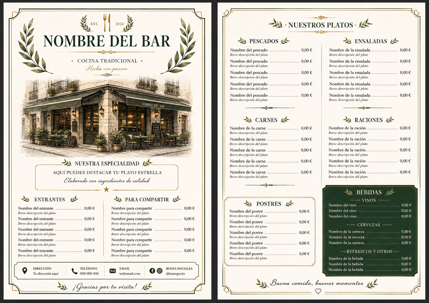 Plantilla de carta para bar de estilo clásico con ilustración del local