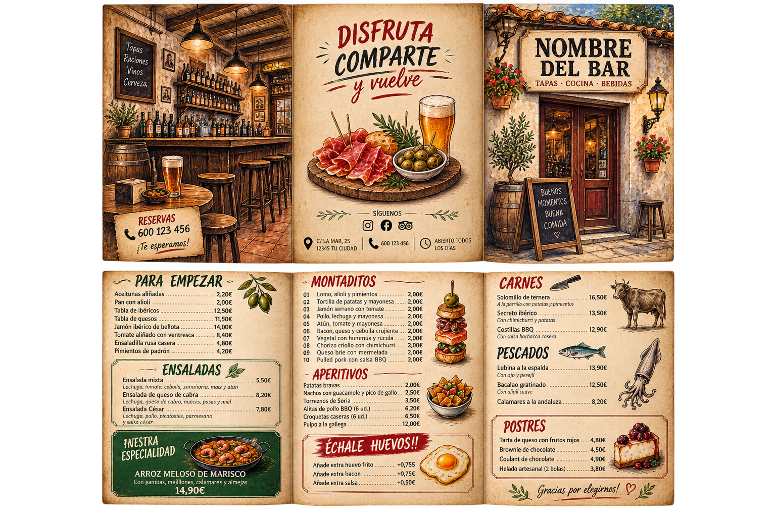 Ejemplo de carta de bar ilustrada de estilo tradicional